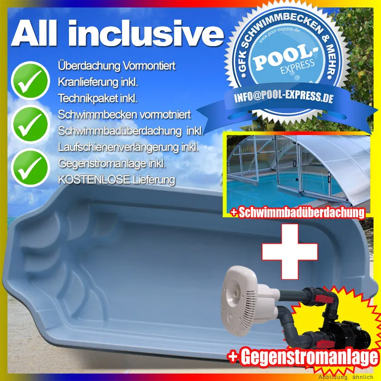 Pool + Gegenstromanlage + Schwimmbadüberdachung (Klasik A) + UV Lampe + Chemie S